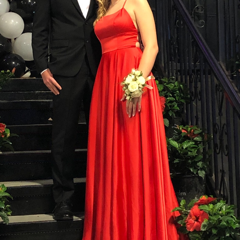 Red corset back prom dress.